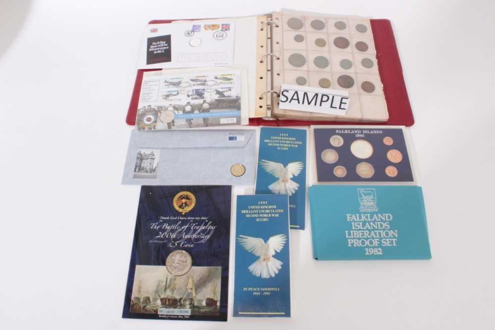 World-mixed coins, books of accessories to include G.B. coin and stamp covers, Falkland Islands Libe