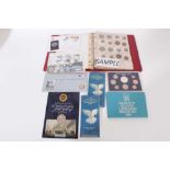 World-mixed coins, books of accessories to include G.B. coin and stamp covers, Falkland Islands Libe