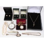 Three pairs of gold earrings, silver necklaces, cultured pearl necklace and other jewellery