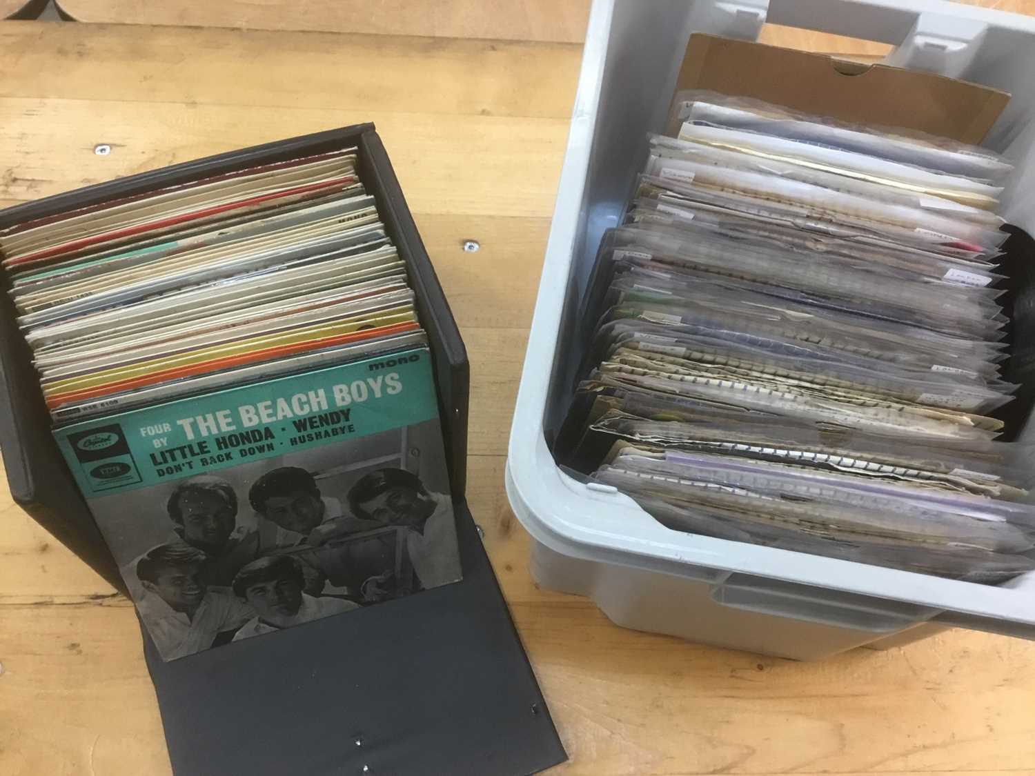 Box of single records on London label including Fats Domino, Chuck Willis, Drifters, Ricky Nelson, H