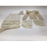 Selection of antique and later lace and embroidered items including a child's tamboured net lace apr