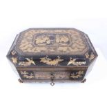 Good 19th century Chinese lacquered sewing box with ivory contents, the outside decorated in gilt wi