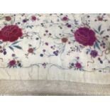 Fine quality Chinese silk shawl, embroidered flowers in poly-chrome silk thread, deep knotted fringi