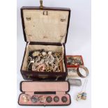 Victorian leather jewellery box with contents