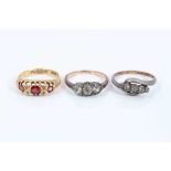 Late Victorian 18ct gold ruby and diamond ring and two other rings