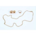 9ct gold curb link chain, 9ct gold signet ring and pair 9ct gold knot earrings