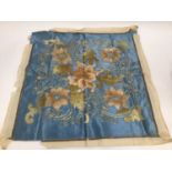 Vintage blue silk panel with crouch stitch silk thread embroidered flowers and leaves outlined with