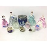 Group of Coalport ladies, Art glass paperweights and a Wedgwood biscuit barrel
