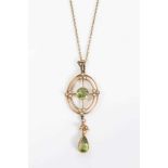 Edwardian 15ct gold peridot and seed pearl pendant on chain