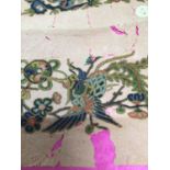 Chinese embroidered birds and flowers on pink paper and antique lace items including Carrickmacross