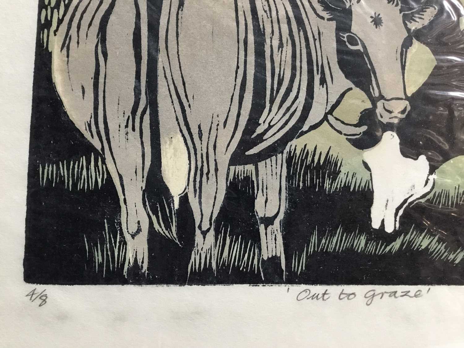Penny Berry Paterson (1941-2021) colour linocut print, Out to graze, signed and numbered 4/8, 30 x 4 - Image 2 of 3