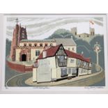 Penny Berry Patterson (1941-2021) colour linocut, Castle Hedingham, signed titled and numbered 10/20