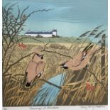 Penny Berry Paterson (1941-2021) colour linocut print, Waxwings at Minsmere, signed and numbered 11/