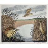 Penny Berry Paterson (1941-2021) colour linocut print, Minsmere Bitterns, signed and numbered 5/9, 2