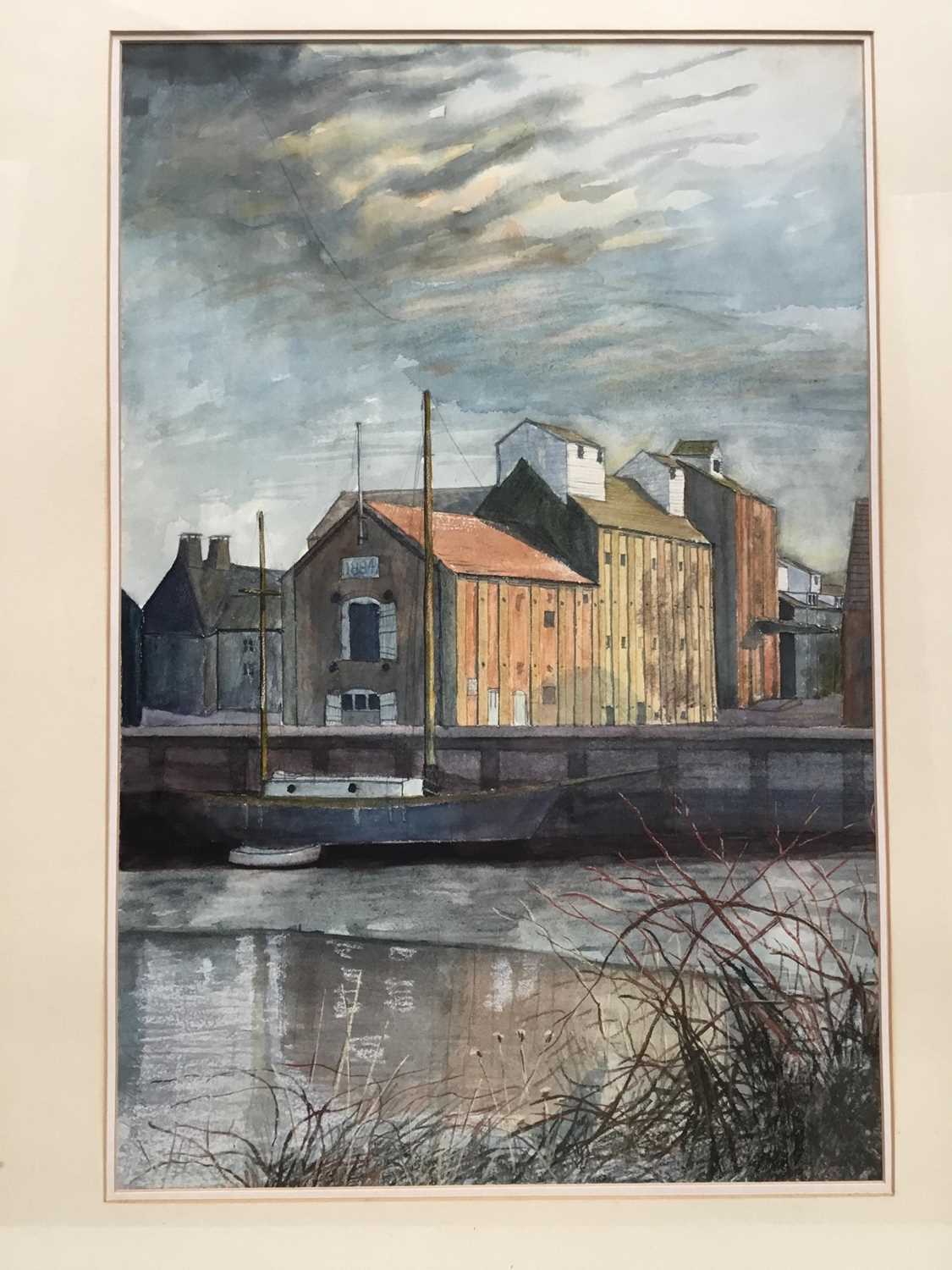 Philip Hawksley (20th century) watercolour, quayside scene, 59 x 38cm, glazed frame