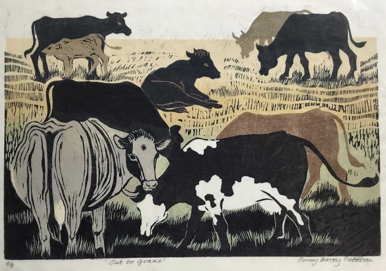 Penny Berry Paterson (1941-2021) colour linocut print, Out to graze, signed and numbered 4/8, 30 x 4