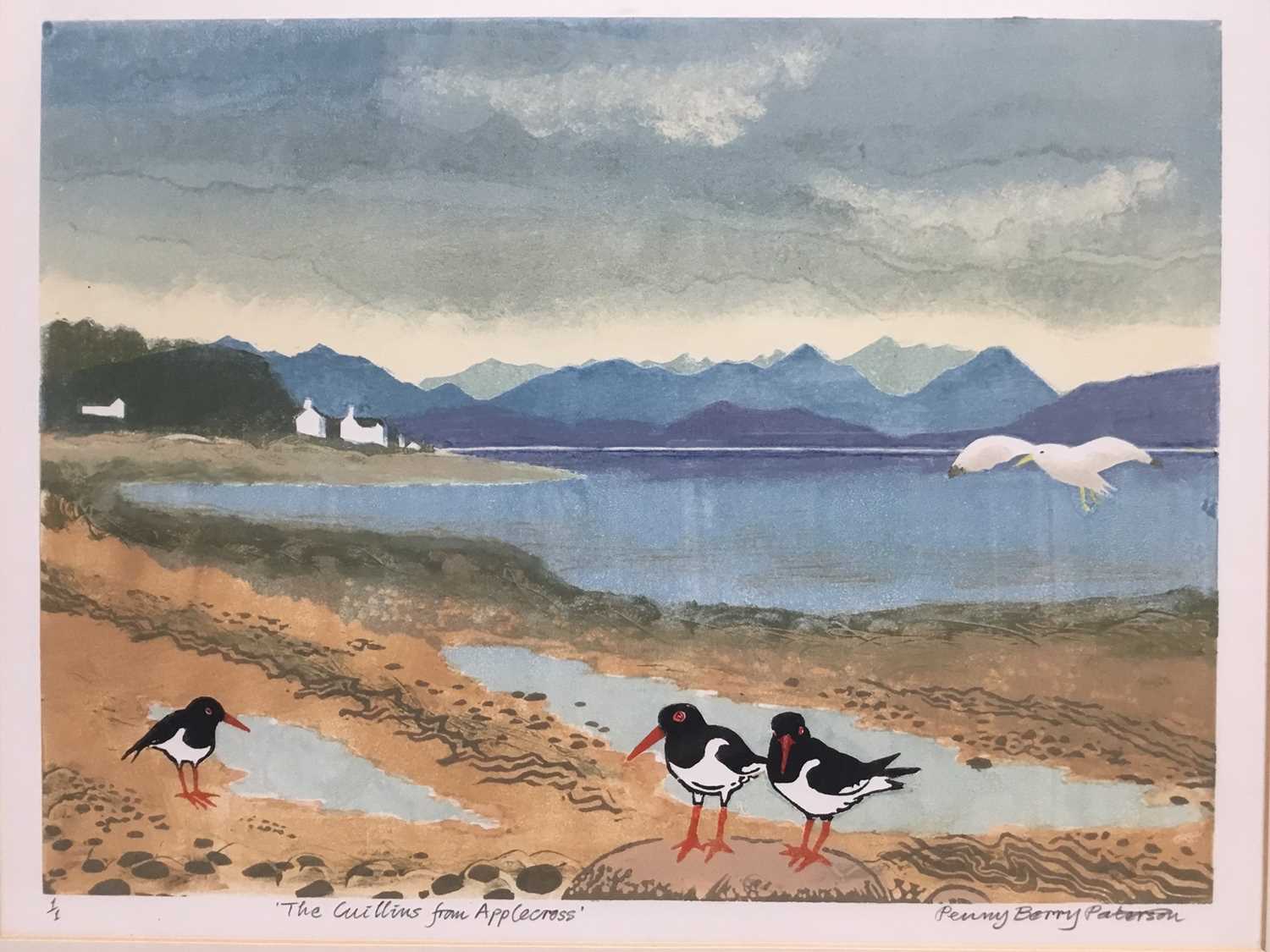 Penny Berry Patterson (1941-2021) colour monotype print 'The Cuillins from Applecross, signed titled