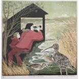 Penny Berry Paterson (1941-2021) colour linocut print, Winter waders, signed and numbered 8/11, 27 x