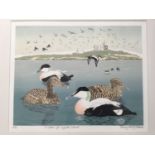 Penny Berry Paterson (1941-2021) colour linocut, Eiders off Coguet Island, signed, titled and number