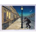 Penny Berry Paterson (1941-2021) colour linocut, The lamplighter, signed titled and numbered 2/12, i