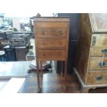 Edwardian inlaid mahogany needlework cabinet with hinged lid and 3 drawers below on square taper leg