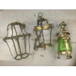 Arts and Crafts metal lamp with green glass shade together with two lantern frames in brass (3)