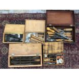 Five boxes of antique and vintage woodworking tools, including chisels, rasps, knives, etc