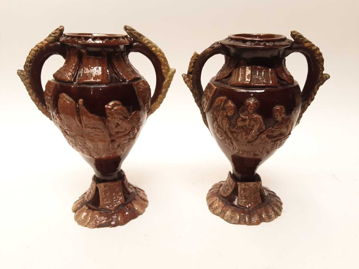 Pair of Castle Hedingham Edward Bingham brown glazed twin handled pottery vases, 28cm high - Image 3 of 5