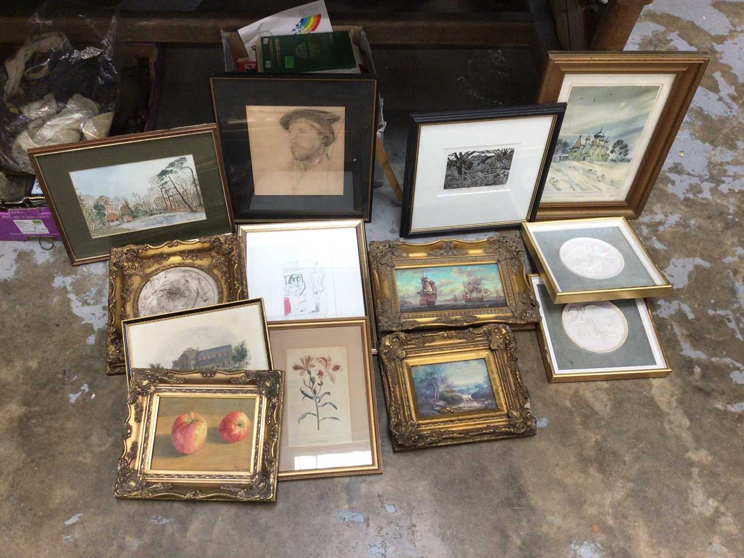 Quantity of pictures, prints and Jasper type plaques