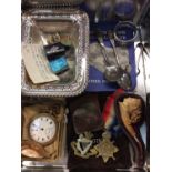 Box of sundry items, including a Waltham gold plated pocket watch, Meerschaum pipe, silver items, mi