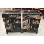 Pair of Chinese black lacquered and chinoiserie decorated cabinets together with a consol table