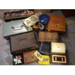 Group vintage tins, jewellery and trinket boxes, three jewellery mannequin stands etc