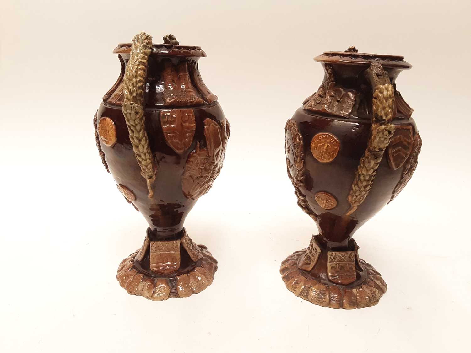 Pair of Castle Hedingham Edward Bingham brown glazed twin handled pottery vases, 28cm high - Image 2 of 5