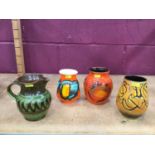 Poole Delphis glazed vase, Poole Aegean glazed vase, Foster's Pottery vase and a Gods Hill pottery j