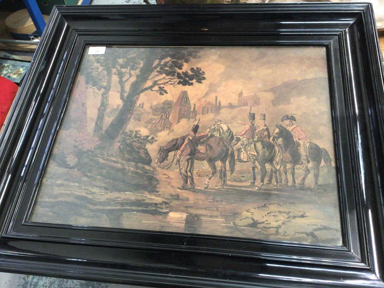 Large 19th century military watercolour, soldiers on horseback, in ebony frame, 53.5 x 41.5cm excl.