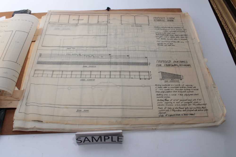 Portfolio containing handdrawn plans for TVSE Television Center and Mile End Leisure Center, various