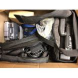 Three boxes of assorted cameras to include Canon, Nikon and others