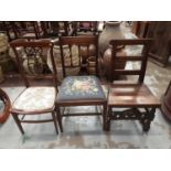 Antique oak side chair, Edwardian inlaid mahogany chair and one other old chair (3)