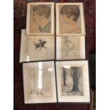 Quantity of pictures and prints, including four engravings and a pair of 1960s signed chalk portrait