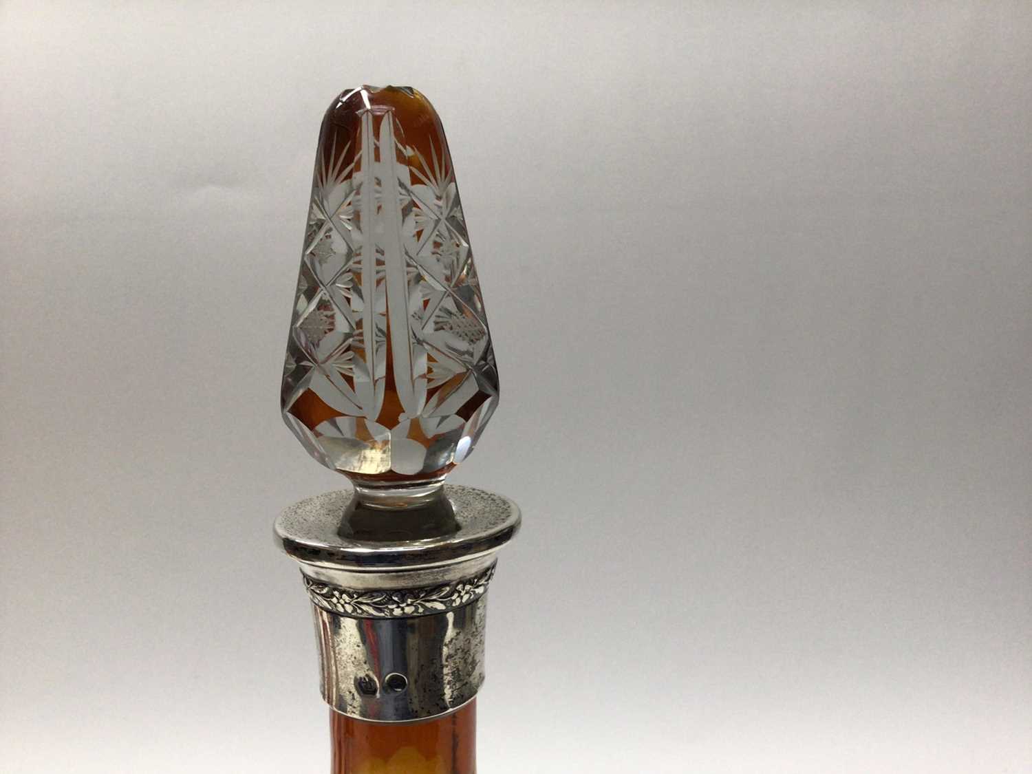 Bohemian amber cut glass decanter and stopper, of tapered form with Continental white metal mount, t - Image 6 of 6