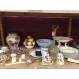 Blood Derby tea ware including cake stand, Chinese tea ware, ceramic fruit bowl, figurines and brass