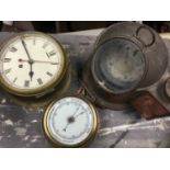 Antique brass ships compass, together with ships clock and a wall barometer. (3)