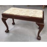 18th century style mahogany long stool, raised on cabriole legs and claw and ball feet