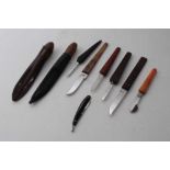 Two Oyster knives, together with six Quill knives and a miniature cut throat razor (9)