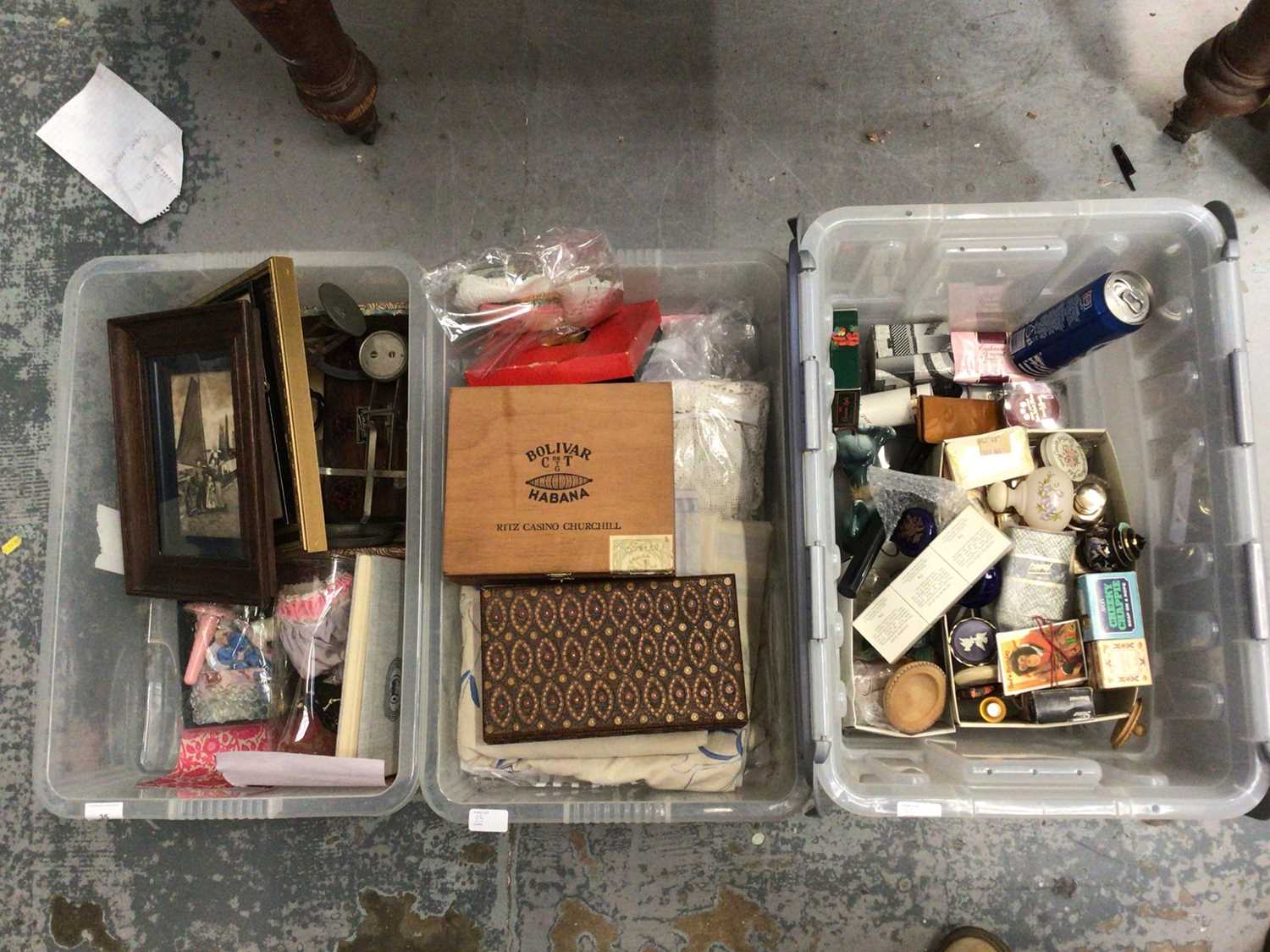 Three boxes of sundries, including lace, silver plate, vintage toiletries, scales, et