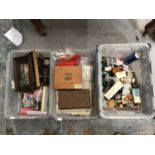 Three boxes of sundries, including lace, silver plate, vintage toiletries, scales, et