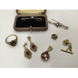 Group of jewellery to include Edwardian diamond single stone bar brooch, ruby and diamond pendant, p