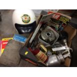 Vintage Jet Eco helmet, Shell motor oil can, other car accessories and car related booklets