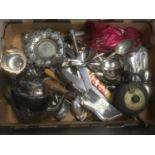 Box of silver plate and cutlery including melon form teapot and various other items