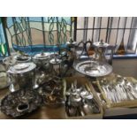Quantity of silver plated ware to include three piece tea set, other tea and coffee pots, biscuit ba